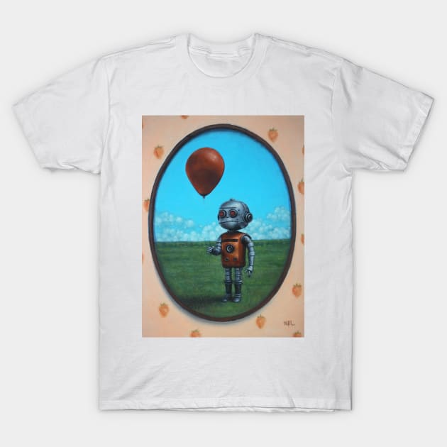 Soon We'll All Have Friends | Robot Boy with Red Balloon | Apocalypse future adorable | Cute and weird cyborg kid T-Shirt by Tiger Picasso